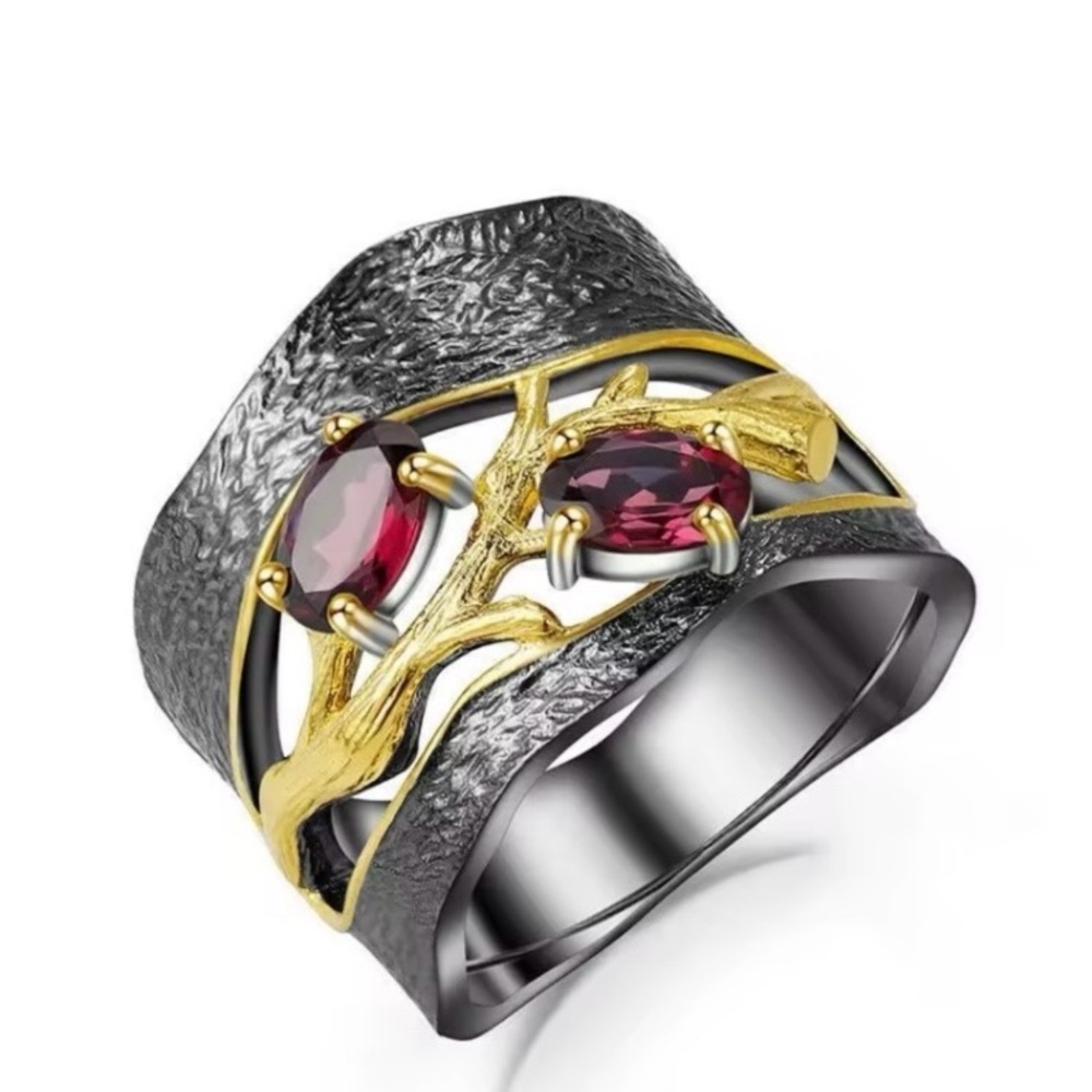 Black Gold Inlaid Red Zircons Statement Cocktail Ring Band Size 8